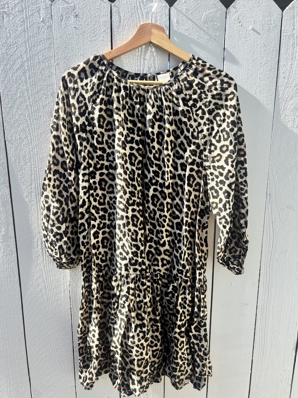 H&M Women's Leopard Print Balloon Sleeve Tiered Mini Dress Size XS